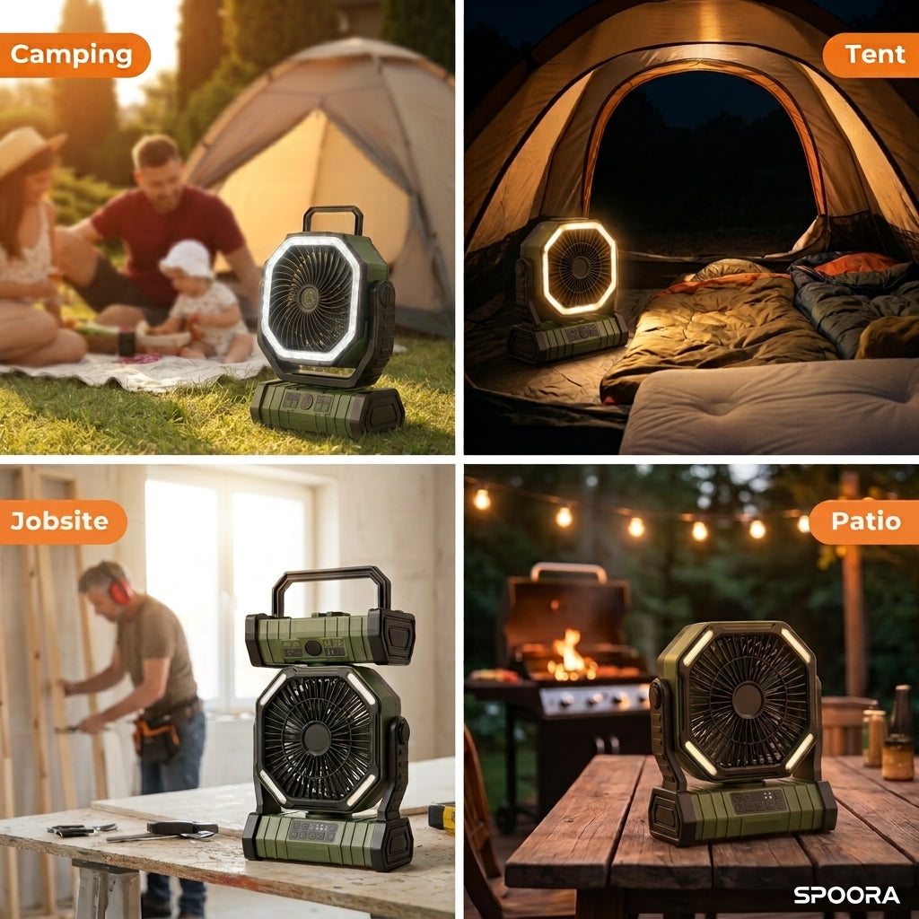 Spoora NightBreeze — Rechargeable Camping Fan with LED Lantern & Remote Control