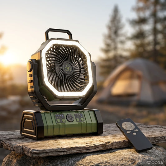 Spoora NightBreeze — Rechargeable Camping Fan with LED Lantern & Remote Control
