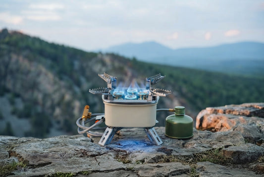 5-Burner Portable Camping Stove — Windproof, Folding Legs, Fits Full-Size Pans